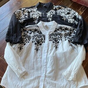 2 Embroidered Button-Up Shirts - Black & White L